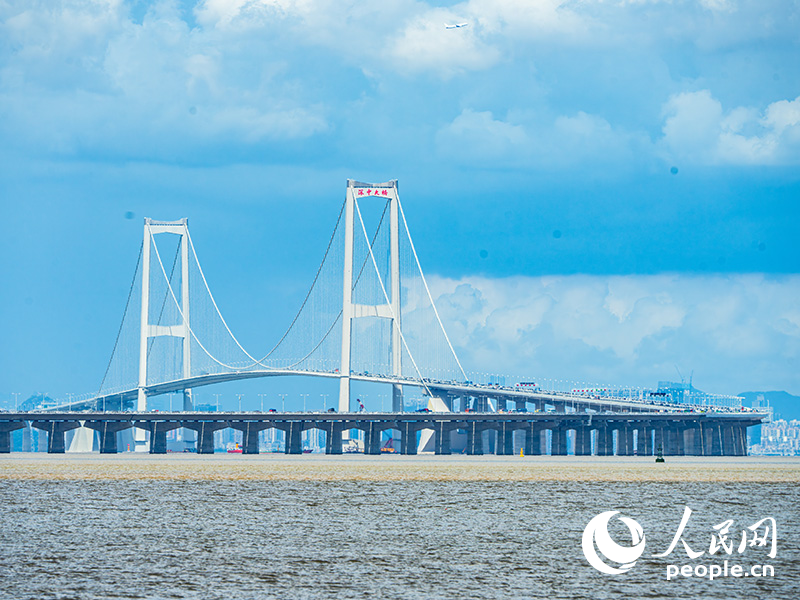 2024年7月7日，遠(yuǎn)眺深中通道，橋上車輛川流不息。通車試運(yùn)營后，廣東深圳、中山進(jìn)入“半小時(shí)生活圈”，珠江口兩岸經(jīng)濟(jì)、社會(huì)、文化等要素流動(dòng)加速，大灣區(qū)居民跨城“串門”愈加方便。人民網(wǎng) 王星攝